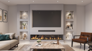 modern médiafal gipszkartonból nappaliban LED világítással